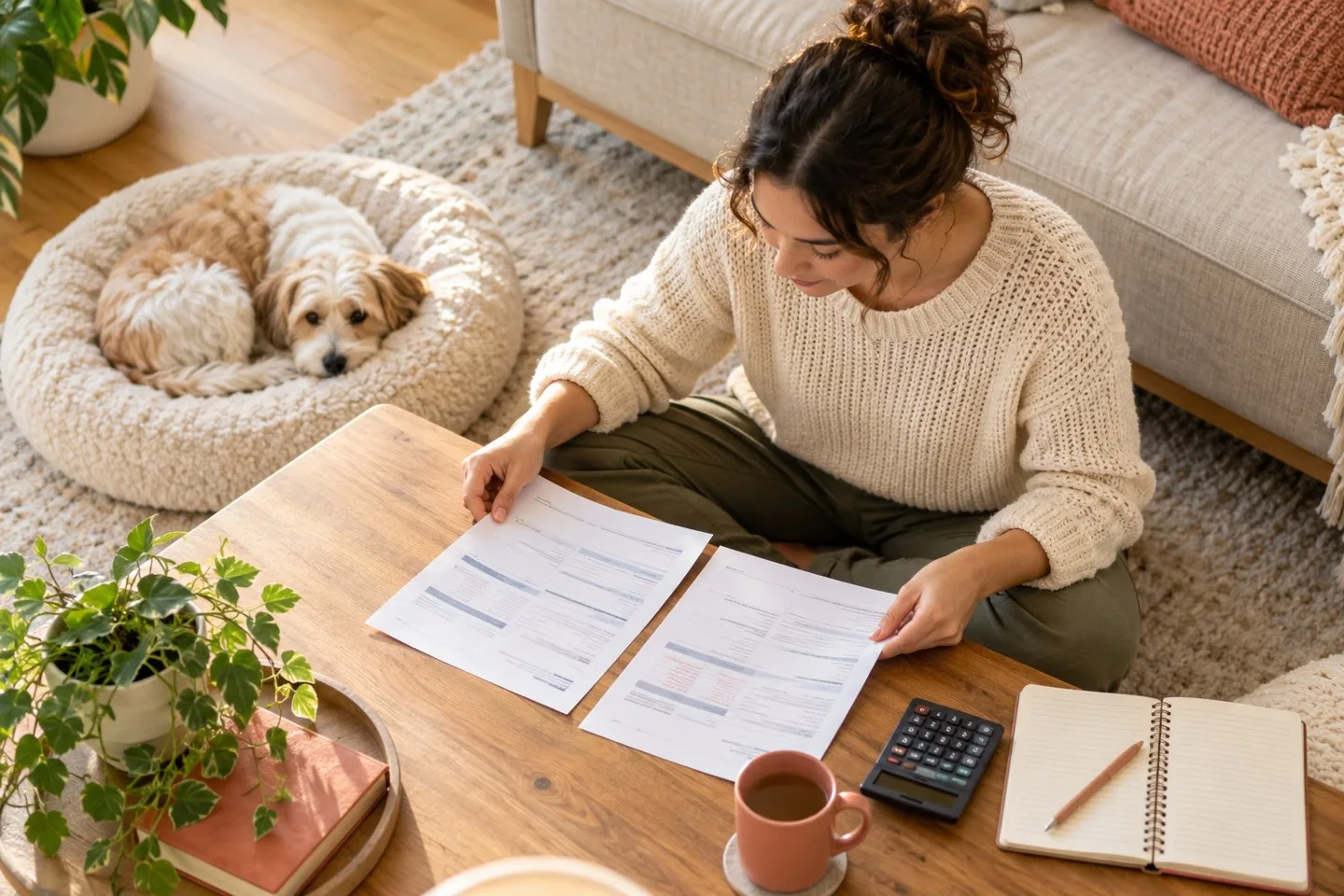 Overhead view of an owner reviewing papers with a calculator and a small dog nearby