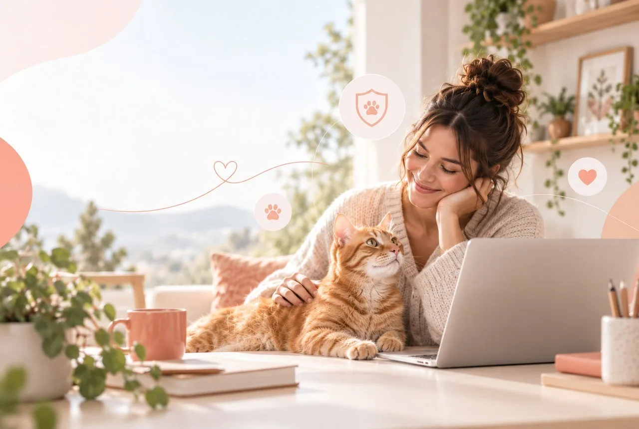 Pet owner using a laptop beside an orange tabby cat